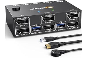 ESKEVE Commutateur KVM 2 PC 2 moniteurs 8K @ 30 Hz 4K @ 144 Hz, commutateur KVM double moniteur DisplayPort pour 2 PC partageant 2 moniteurs et 4 appareils USB3.0 avec câble DP + USB et contrôleur de bureau