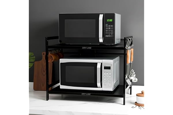 DRY LINE Microwave Stand 2-Tier Kitchen Organizer Oven Otg Rack With Stainless Steel Hooks And Adjustable Metal Shelf For Big Heavy Bartan Holder Black (2 Shelfcountertop, Slotted Shelves)