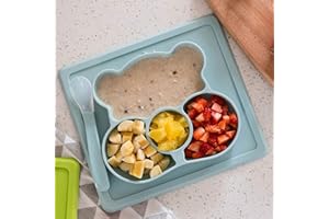Angzhili Baby Silicone Placemat with a Spoon, Non-Slip Feeding Plate Kids with Strong Suction Fits Most Highchair Trays Divided Placemat Self Feeding Training Divided Plate Dish and Bowl (blue)