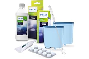 Kit d'entretien pour machines à café Philips - détartrant 250 ml, graisse lubrifiante HD5061, dégraissant café CA6704/10 + Sillar 2x remplacement filtres à eau pour CA6903, brosse de nettoyage