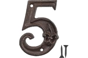 Vandicka Numéro de Maison en Métal 5, Numéro de Porte, Numéro D'adresse, Numéro de Boîte aux Lettres - Style Vintage, Rustique Marron Vieilli Finition avec Fleur de Lis Gaufrée, Hauteur 110 mm