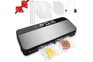 NARTOV Machine Sous Vide Alimentaire 8 en 1 Indicateur Progression LED et Affichage Numérique avec Rouleau et Cutter pour Aliments Secs Humides Viandes Fruits 10 Sacs Sous Vide 1 Rouleau