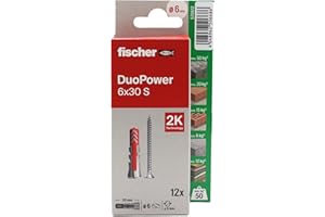 fischer - Duopower 6x30 Con Tornillo - 12U, Tacos para pared multimaterial, sirven para Colgar Bicicletas, Cuadros, Armarios, Soportes de Televisión, Estanterías, Muebles.