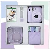 Instax mini 12 Lila Fotoğraf Makinesi 10'lu Film Simli Pleksi Kılıf Mandal ve Kıska&ccedil;lı Resim Standı Bundle Box