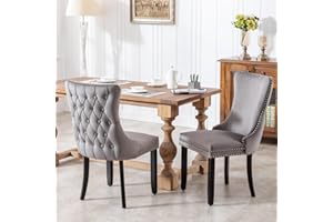 HomeTouch Lux Velvet Upholstered Kitchen Dining Chairs Set of 2 Tufted High Back Bedroom Office Chairs with Oak Wood Legs, Hand Made (2, Grey)