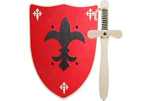 GERILEO Ritter Schwert und Schild aus Holz, Handgefertigtes - Spielzeug für Jungen, Mädchen, Kinder - Ergänzung für Spiele, Imitationsspiele, Kostüme, Mittelalter, Krieger, Mottoparty (Rot Schild)