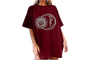 KOMISEUP Oberteile Damen Oversized T-Shirt Sonne Mond Motiv Sportshirt Kurzarm Sport Oberteile Vintage Sweatshirt Rundhals Oberteile Teenager Mädchen Best Friends Lang Top Longshirt
