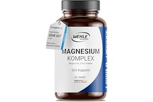 ‎WEHLE SPORTS Magnesium hochdosiert 2250 mg Magnesium pro Tagesdosis - 3-Fach Komplex mit: Magnesiumbisglycinat, Magnesiumcitrat Magnesiummalat, hochdosiert, vegan (360 Kapseln) - Verpackung kann variieren