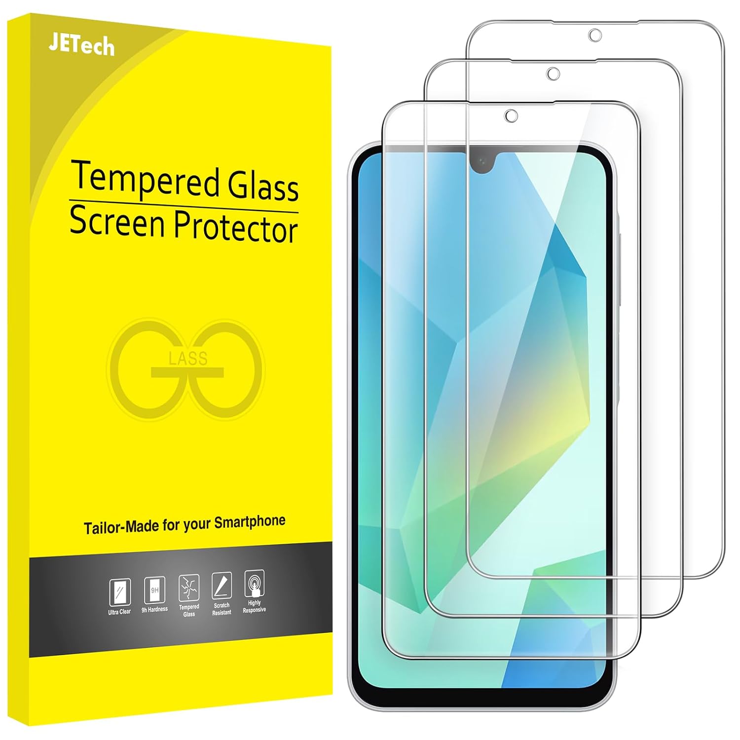 JETech Gehard glas voor Samsung Galaxy A16, 3 stuks | HD-transparant, krasbestendige displaybescherming