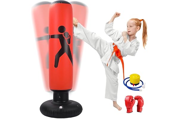 Oziral Sac de frappe gonflable pour enfant - 160 cm - Sur pied - Avec pompe à air et gants de boxe - Pour karaté, kickboxing, équipement d'entraînement, cadeau
