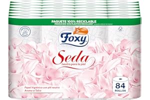Foxy Seda | Papel higiénico 84 rollos | 173 servicios por cada rollo | Neutro para la piel | Certificación FSC | 100% Energía eléctrica renovable | Paquete reciclable producido con plástico reciclado
