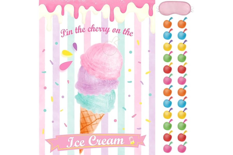 WERNNSAI Pin the Cherry on the Ice Cream Game - 53cm x 72cm Ice Cream Party Supplies for Kids Girls with 24 PCS Cherry Stickers Birthday Party Game Poster Wall Decor