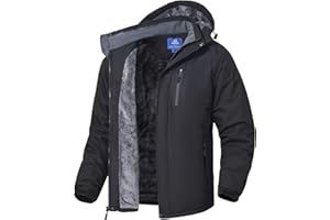 SPOSULEI Herren Winter Fleecejacke Warme Verdickt Gefüttert Skijacke Outdoor Winddicht Wasserdicht Jacke mit Abnehmbarer Kapuze für Wandern