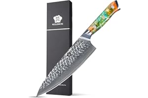 WILDMOK Cuchillo de chef, cuchillos de cocina japoneses de Damasco de 8 pulgadas, cuchillo de chef con mango de acero y resina VG10, martillado, cuchillo de damasco que incluye caja de regalo