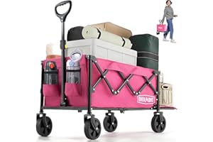 Overmont 100L Festival Camping trolley on Removable wheels - Pull Along Collapsible Wagon Cart with Adjustable Handle - 220LBS/100kg Large Capacity for Beach Garden Picnic Shopping,Sports, pink