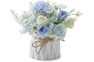 HNONOXY Flores Artificiales en Florero Pequeño, Arreglo de Flores Falsas Azul Claro, Arreglo Floral para centros de Mesa, Decoraciones de Comedor de Cocina Flor en Jarrón, para Boda, Oficina, Mesa de Jardín