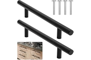 Fuoxul Black Handles for Cupboards,2 Pcs Black Kitchen Cabinet Handles,Round T Bar Cupboard Handles Black,Stainless Steel Kitchen Door Handles,Kitchen Handles for Cupboards(Hole Centre 128mm)