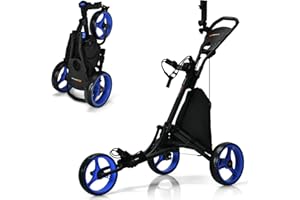 GYMAX Chariot de Golf à 3/4 Roues, Caddie de Golf Pliable Manuel, Porte-Sac, Porte-Parapluie, Cadre Robuste en Aluminium Pliable, Poignée Réglable, Tableau d'Affichage, Porte-Boisson