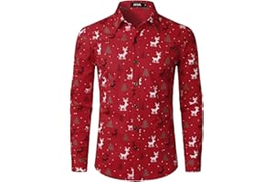 JOGAL Herren Funky Christmas Print Weihnachtsmann Hemd Langarm Button Up Freizeithemd