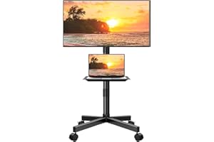 KKTONER Mobilny wózek na telewizor z płaskim ekranem LCD LED o przekątnej od 23 do 60 cali, zakrzywiony, podłogowy, stojak na telewizor z półką z regulacją wysokości, maks. VESA 400 x 400 mm, wózek na