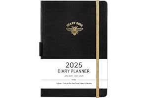 ARTFAN Agenda 2025 - Format A5 - 1 jour par page - Janvier 2025 à décembre 2025 - Agenda journalier A5 - Avec onglets mensuels - Poche intérieure - Noir - À bandes - 14,5 x 21 cm