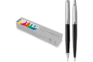 Parker Jotter Originals penna a sfera e penna stilografica collezione | finitura classica color nero| pennino medio e punta media | inchiostro nero | 2 pezzi
