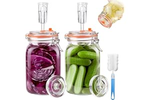 Snovire Lot de 2 bocaux de fermentation de 1,5 l - Avec valve de fermentation et poids - Pour choucroute, kimchi, kombucha et cornichons - Avec brosse de nettoyage