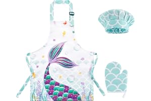 WERNNSAI - Delantal de sirena, conjunto – delantales de artistas de cocina para niños y niñas, babero con bolsillo con correa ajustable, sombrero de chef y mitones para cocinar pintura (pequeño, 6-10