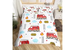 Manfei Cartoon Fire Engines Children's Duvet Cover Set, S Size, Fire Tools Toddler Bedding Set, Girls Adults, Urban Rescue Vehicles Cute Comforter Cover, Colourful Quilt Cover