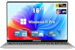 FUNYET 16 Inch Laptop, Celeron N95 Laptop (up to 3.4GHz), 16GB DDR4 5212GB SSD FHD 1920 x 1200, 180° Rotation (DEFEAT N5095/N4020)