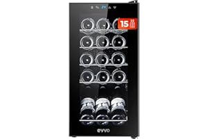 EVVO Vinoteca 15 Botellas, Botellero Vertical, Display Temperatura Interior, Tecnología de Enfiramiento Termoeléctrico, Temperatura Ajustable 5-18ºC, Muy Silenciosa 39 dB, Pantalla Táctil Modelo: VT15