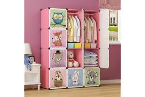 BRIAN & DANY Cartoon Clothes Closet Wardrobe DIY Modular Storage Organizer, Sturdy and Safe for Children, 8 Cubes & 2 Hanging Sections, Pink, 110 x 47 x 147 cm