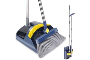 MASTERTOP Set Scopa e Paletta a Manico Lungo, Paletta Verticale Salvaspazio con Scopa Inox, Spazzola Interni e Paletta con Denti a Pettine per Pulizia di Casa, Cucina, Ufficio (Blu Scuro)