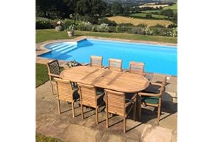 Emporium Furniture Wooden Garden sets| Extendable Dining Table with 8 Stacking and Folding Chairs| Quality Teak Wood Outdoor Dining| Patio Set (8 Hanton Folding Chairs with Table)