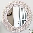 Wagon Brand Glass | Handmade Cotton Macrame Wall Hanging Mirror With Boho Fringes, Bohemian Art Decorative Aina For Make-Up, Off-White, Dia 18 Inches, Style 2275-10, Framed, Round (Off White)