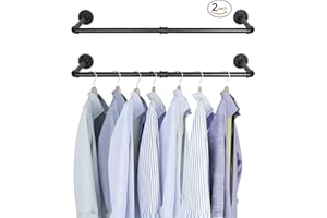 BQKOZFIN Industrial Pipe Wall Mounted Clothes Rack Width 34.6''/88cm, Iron Garment Rod, Vintage Garment Rack, Clothing Hanging Rod for Bathroom, Bedroom, Laundry Room, 2 Pieces