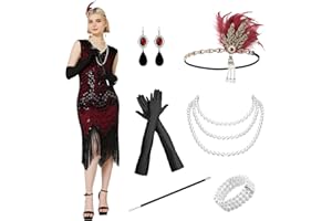 WELLCHY Robe Années 20 Femme, Déguisement Années 1920 Col en V Robe à Paillettes Femme Robe Charleston Femme Annee 20 avec Manches Noires, Coiffe des Années 20 et Ensemble des Années 20