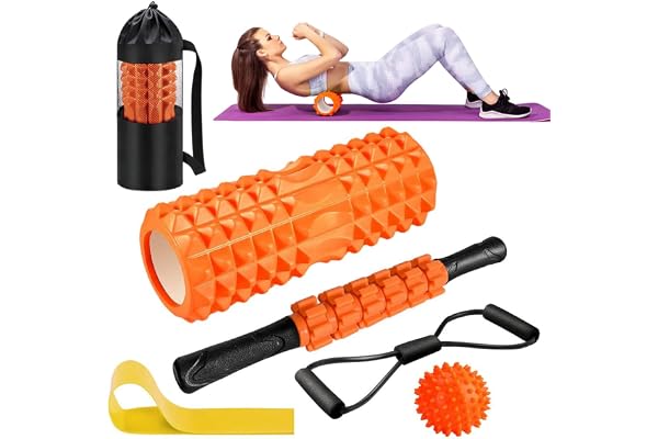 Rouleau de Massage, Qveetry Foam Roller avec bâton de rouleau musculair, balles de massage, Bandes de résistance, Rouleau de Massage pour Massage Profond des Tissus Musculaires