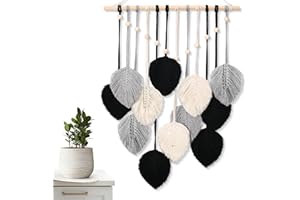 ASMPCUE Boho Macrame da Parete, Arazzo Fatto a Mano Decorazione da Parete con Perline di Legno e 12 Arazzi con Foglie per Soggiorno, Camera da Letto, Cameretta dei Bambini, 20 x 27,5 Pollici (Nero)