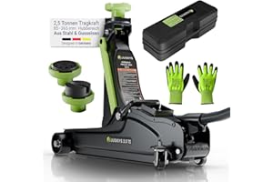 ‎JUSKYS Juskys Wagenheber 2,5 t – Hydraulischer Rangierwagenheber aus Stahl 85–390 mm, mit Transportbox, Gummiauflagen & Zubehör – Schwarz/Grün
