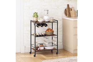 FEFE 3 Tier Rolling Industrial Design Rustic Wooden Bar Kitchen Food Serving Cart Trolley Wheels Cart with Lockable Wheels, for Dining Rooms, Living Room, Garden, Party