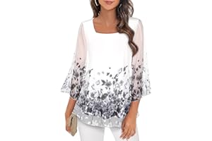 Syphiby Womens Blouses Ruffle 3/4 Sleeve Tunic Tops Loose Flowy Square Neck Chiffon Top Double Layers Mesh Shirts S-3XL