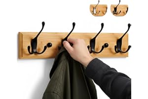 LARHN Porte Manteau Mural Bois - 4 Crochets Triples en Noir - 42 cm - Patere Murale pour une Entrée, Chambre, Salle de Bain et Vestiaire