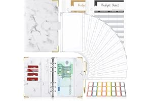 TAOPE Classeur Budget avec Enveloppe Budget, Classeur A6 Budget Planner Sets en PU Cuir, Carnet Budget 6 Anneaux Remplissable avec Pochettes Transparentes, Organisateur Enveloppe Budget Marbre Blanc