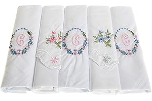 Surf the Shop Pack of 5 Ladies Initial Embroidered White Handkerchiefs with Satin Border and Matching Floral Handkies, Various Letters