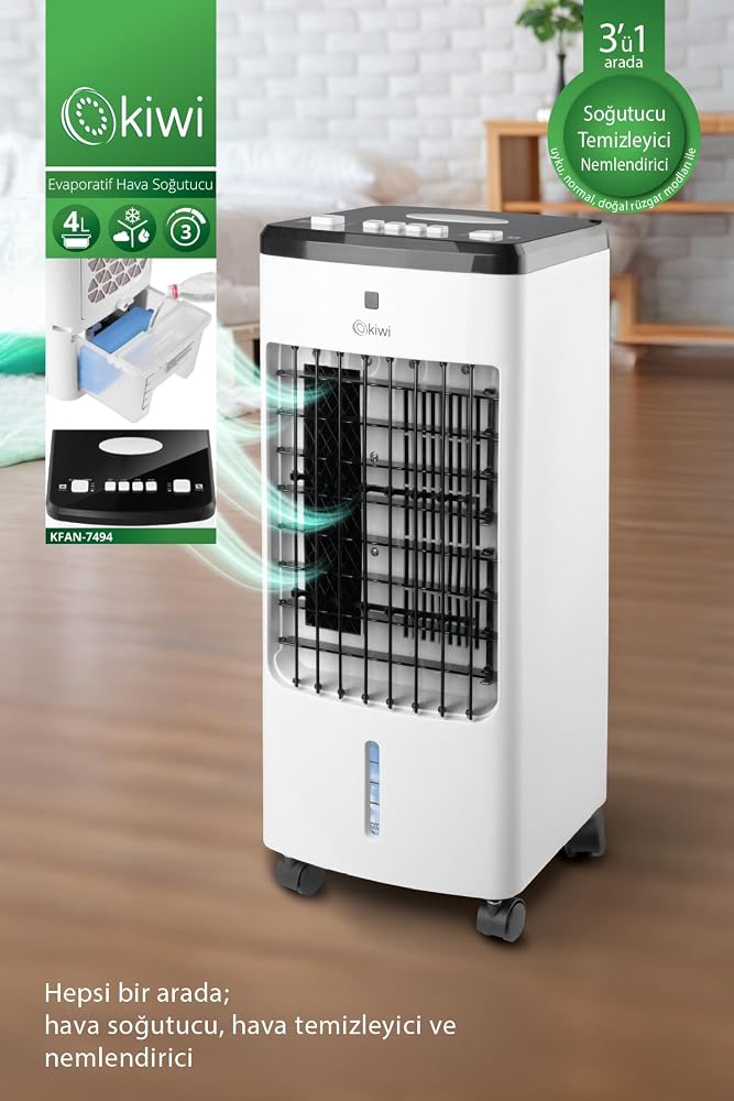 Kıwı Kfan-7494 3'Ü 1 Arada Hava Temizleyici, Nemlendirici Portatif Hava Soğutucu 60 Watt Beyaz