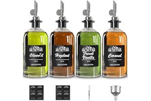 LXUDN 4 x Ölspender mit Etiketten, Ölflasche Mit AusgießEr 350ml, Essig Und öLflaschen Set Mit Trichter, Lebensmittelgeeignete öL Und Essigspender