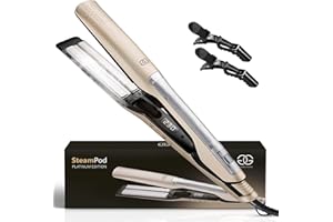 Lisseur Vapeur Champagne Golden Goods Steampod Pro Vapeur puissante, Fer a Boucler 10 réglages de température jusqu'à 230ºC, Tous types de cheveux Céramique et ionique, Lisseur Cheveux