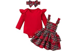 Vioyavo Completo Neonata Bambina Vestiti della Neonata Nataliazio Tuta Stampa a Maniche Lunghe + Gonna a Bretelle TartanTuta Autunnale per Natale