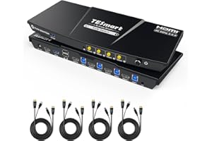 TESmart USB 3.0 HDMI KVM Switch 1 Moniteur 4 Ordinateurs 4K@60Hz, Casque,Audio&Microphone,KVM Switch 4 Ports EDID Emulators, L/R Audio, Hotkey Switch, Button Switch avec Télécommande et 4 câbles